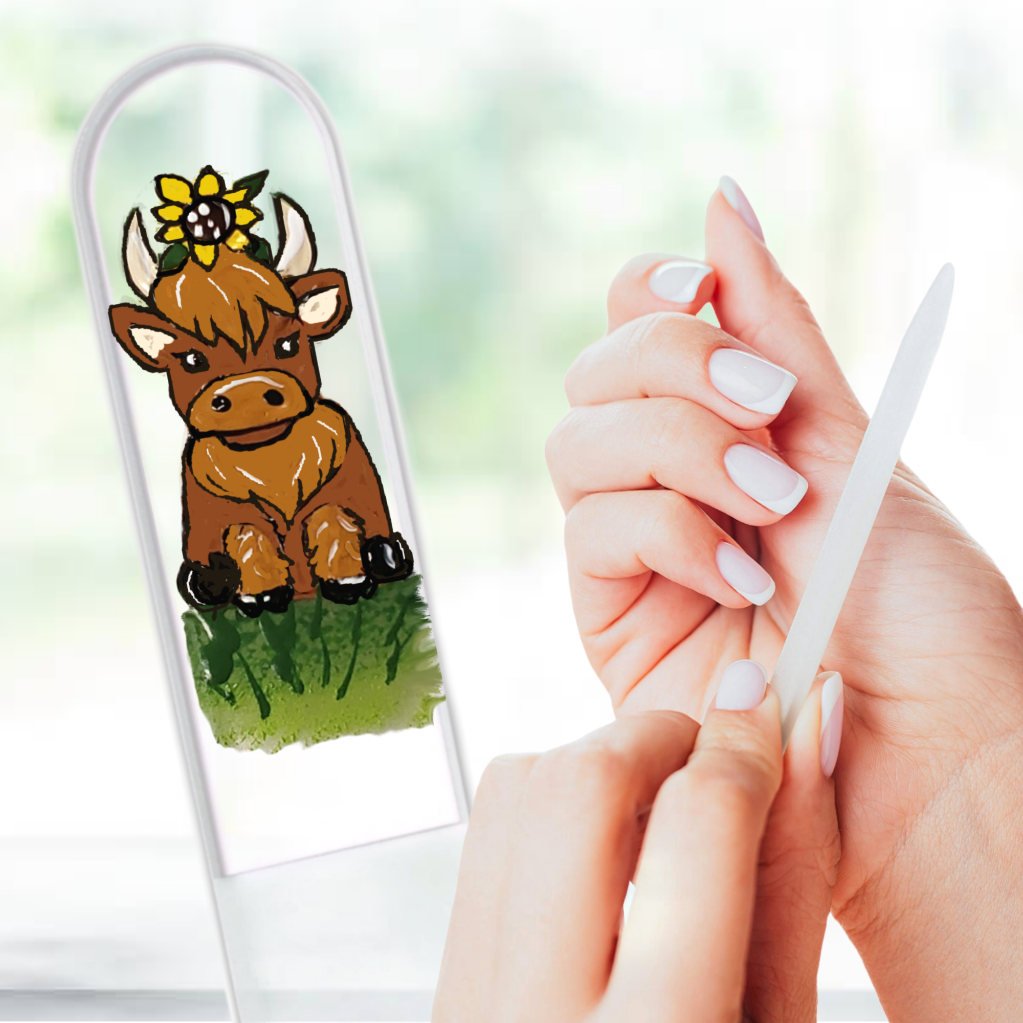 Highland Cow Sunflower Farm Hand Painted Crystal Nail File: Medium