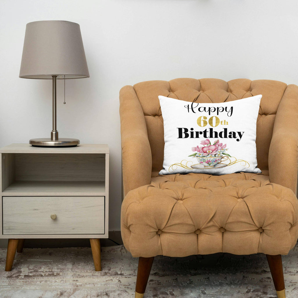 Happy 60th Birthday With A Pretty Floral Teacup, Pillow Case