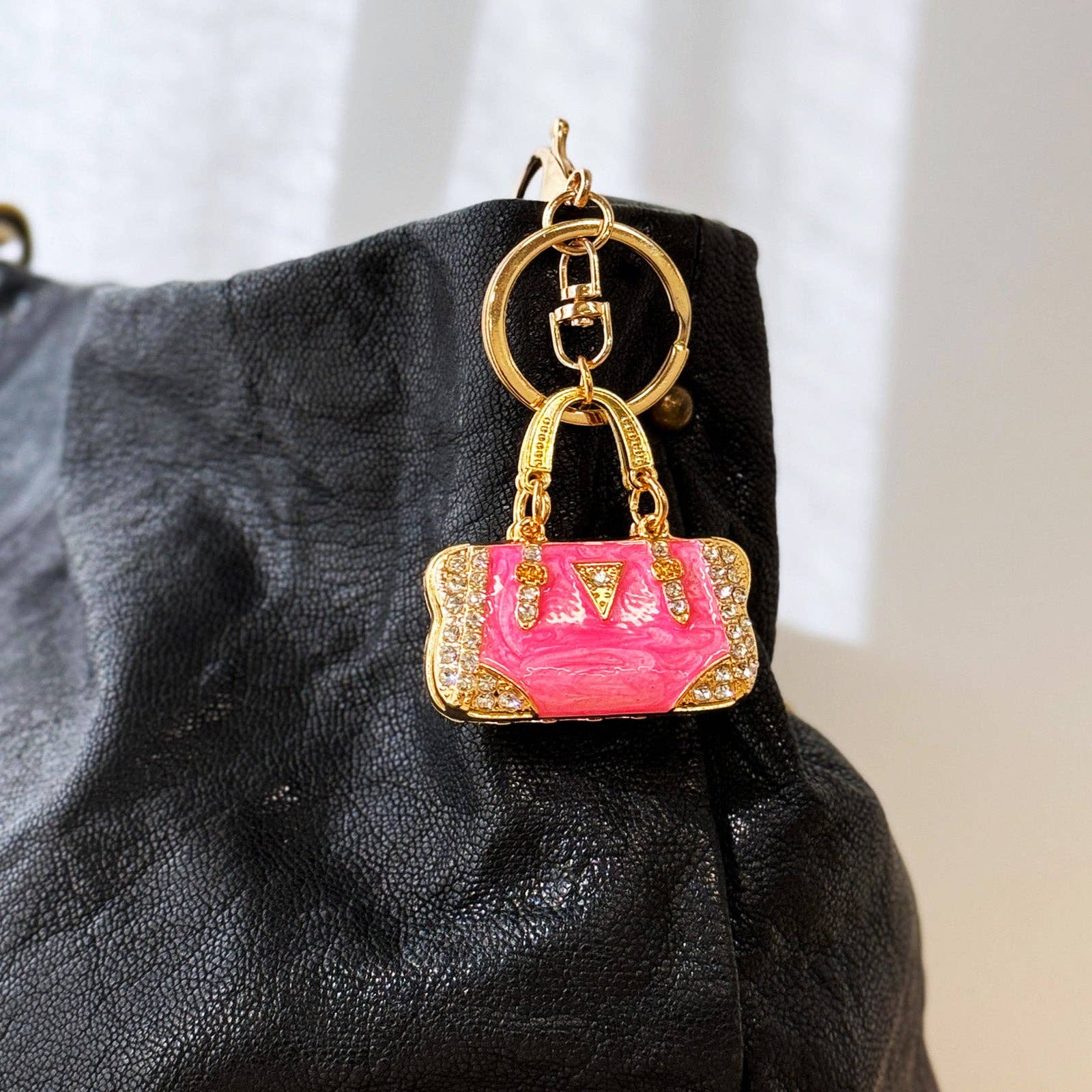 Pink Rhinestone Handbag Shaped Purse Charm Keychain