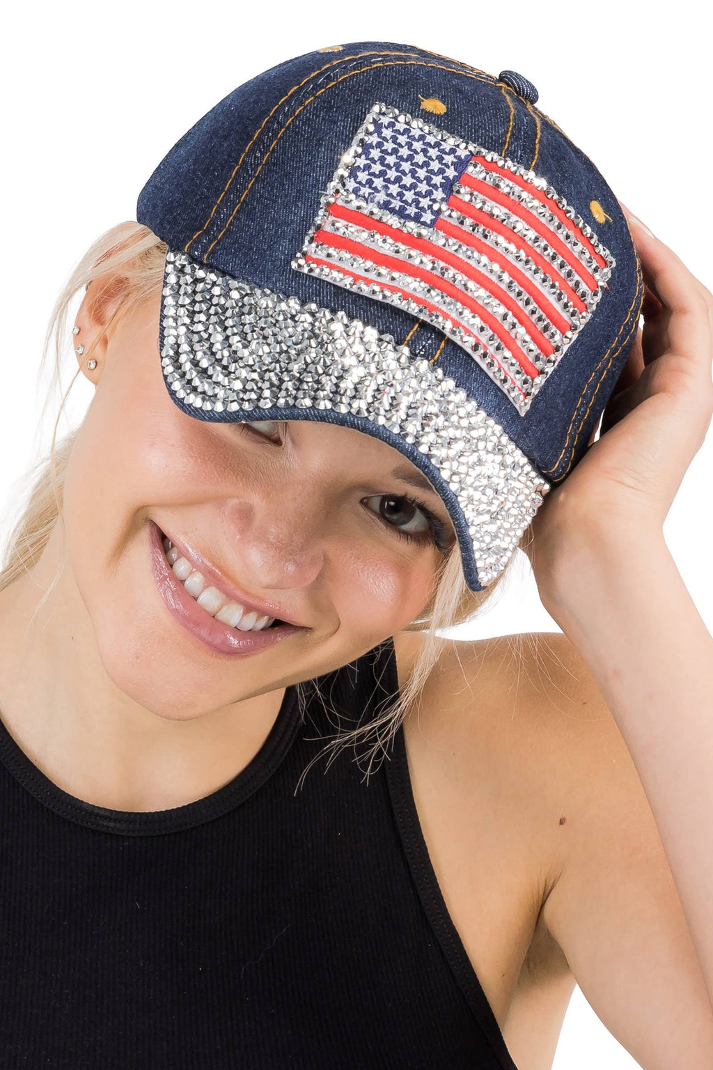 American Flag Bling Patch Denim Baseball Cap: DENIM DARK BLUE