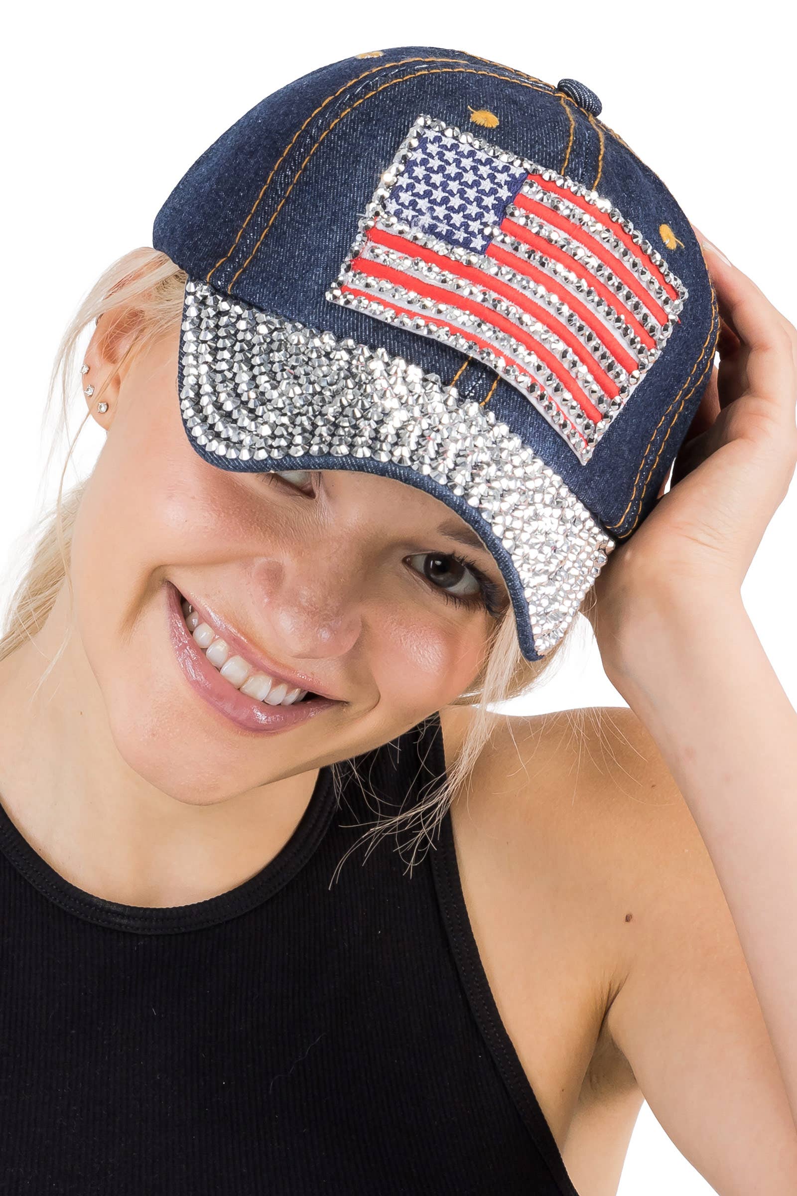 American Flag Bling Patch Denim Baseball Cap: DENIM DARK BLUE