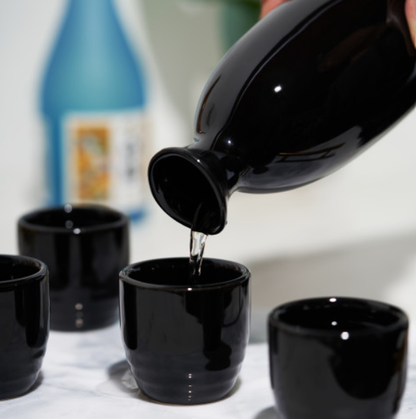 Moga Black Glazed Porcelain Sake Set - Set of 5