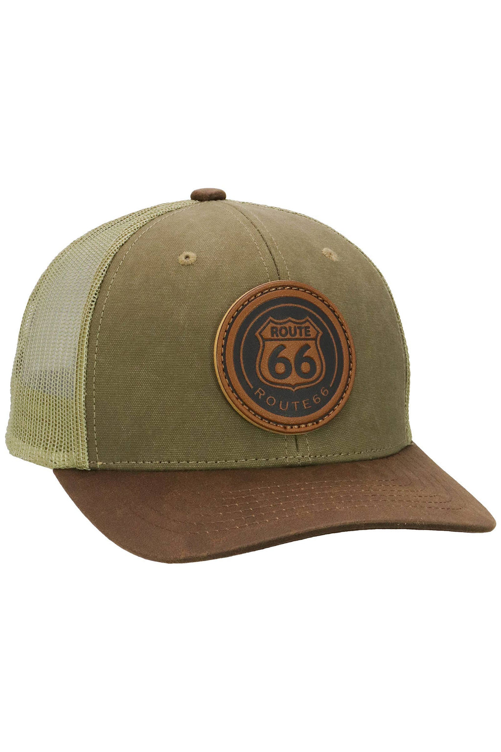 Route 66 Canvas Vegan Oiled Leather Trucker Hat: BROWN/BROWN/KHAKI / ONE SIZE
