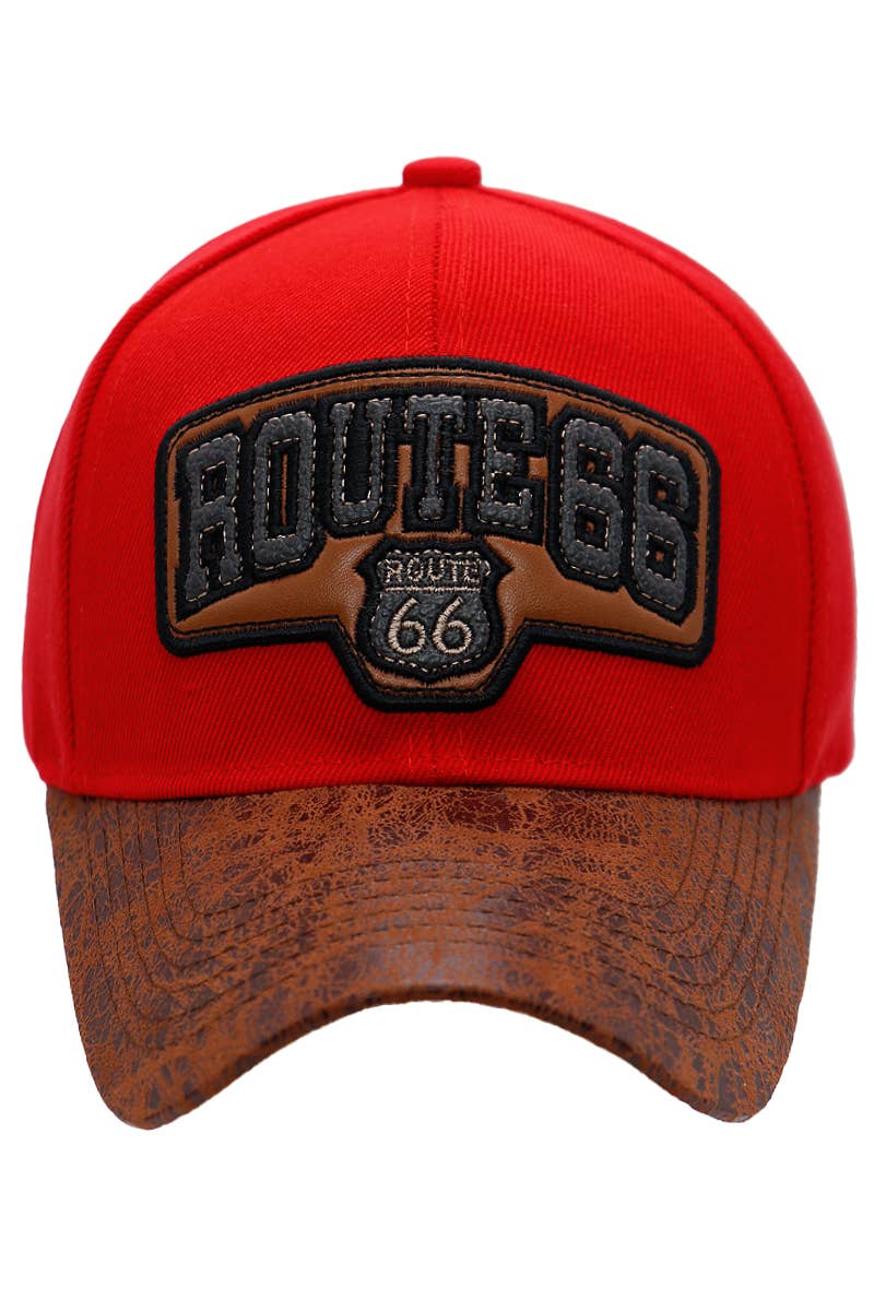 Route 66 PU Oiled Curved Bill Acrylic Baseball Cap: Red