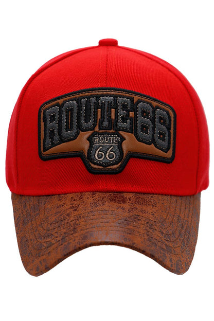 Route 66 PU Oiled Curved Bill Acrylic Baseball Cap: Red