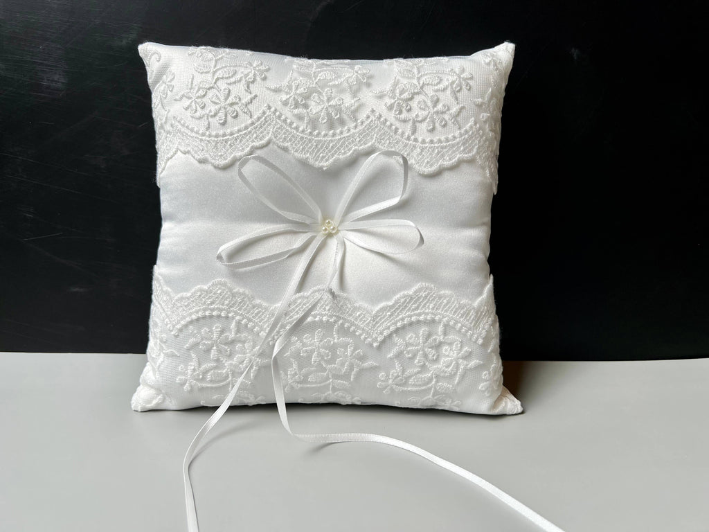 Three Pearl Wedding Ring Bearer Pillow with Lace