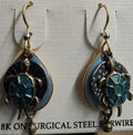 Silver Forest Sea Turtle On Blue Oval Earrings