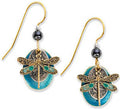Silver Forest Dragonfly On Nickel Oval/Irridescent Blue Oval Earrings