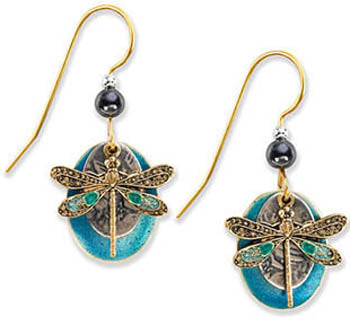 Silver Forest Dragonfly On Nickel Oval/Irridescent Blue Oval Earrings