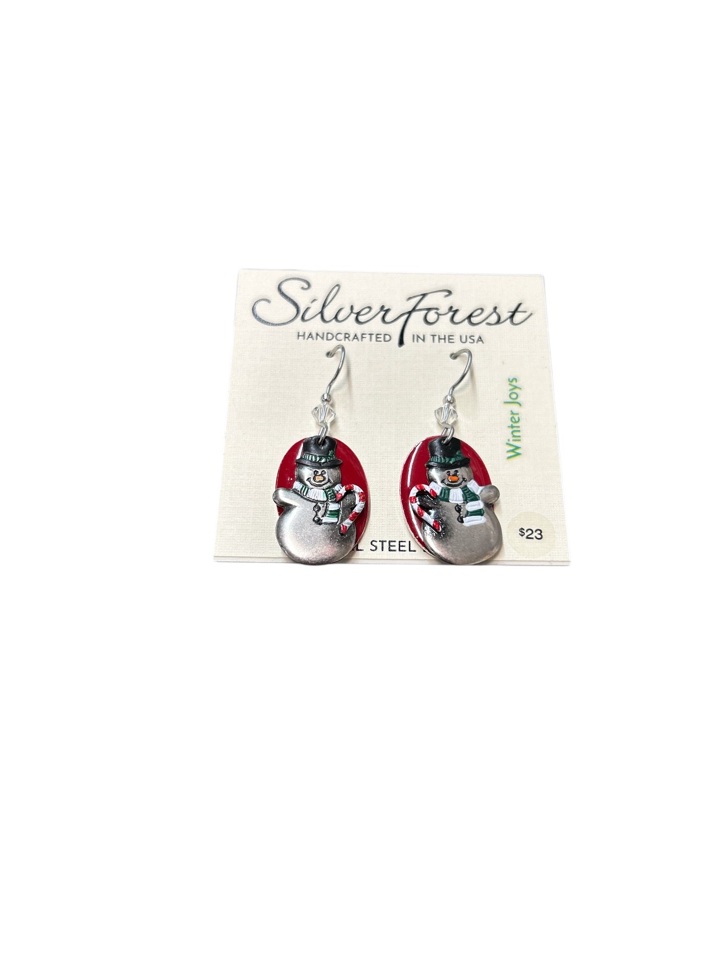 Silver Forest Snowman w/Candy Canes Earrings