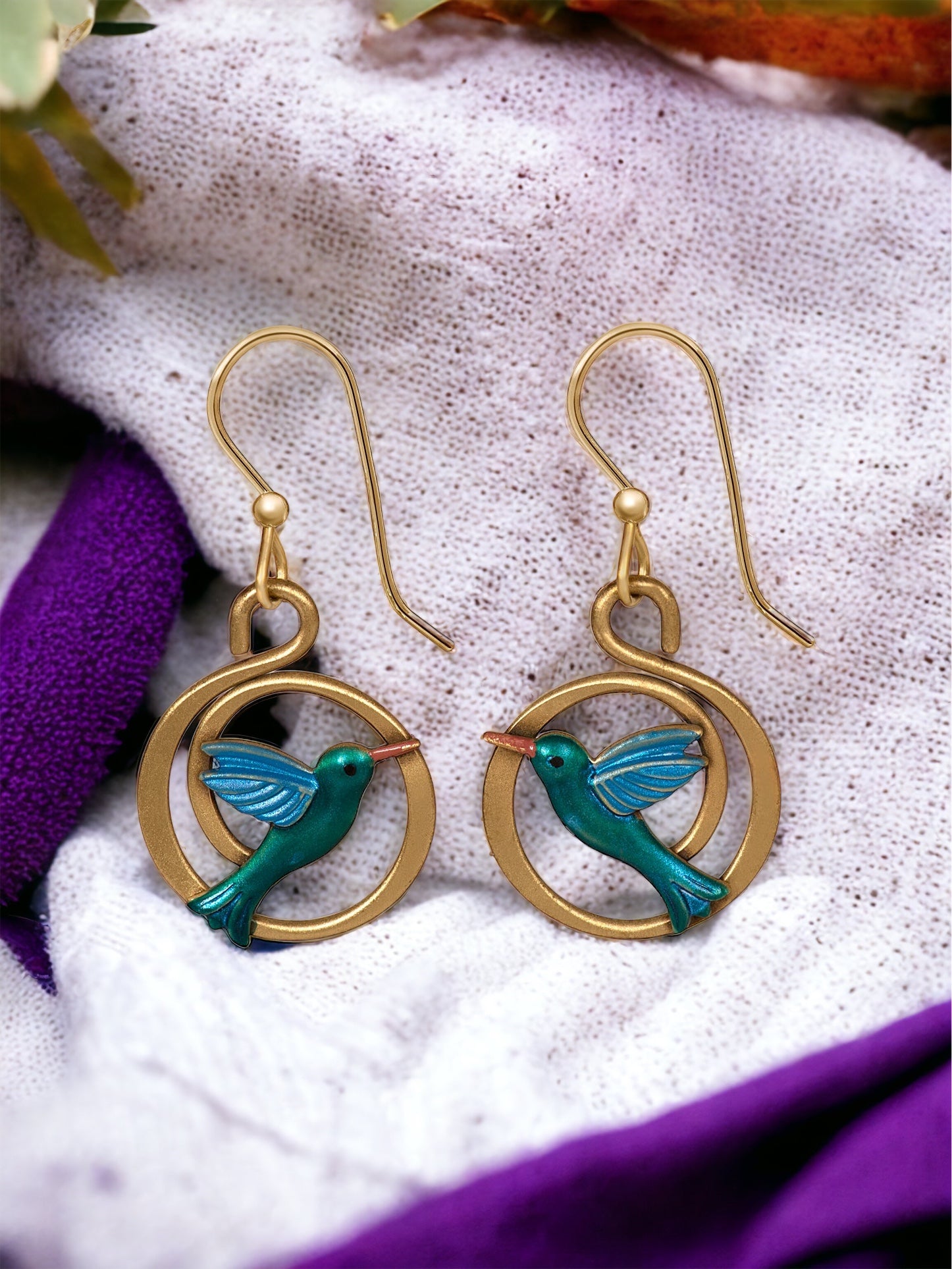 Silver Forest Teal and Gold Hummingbird Earrings