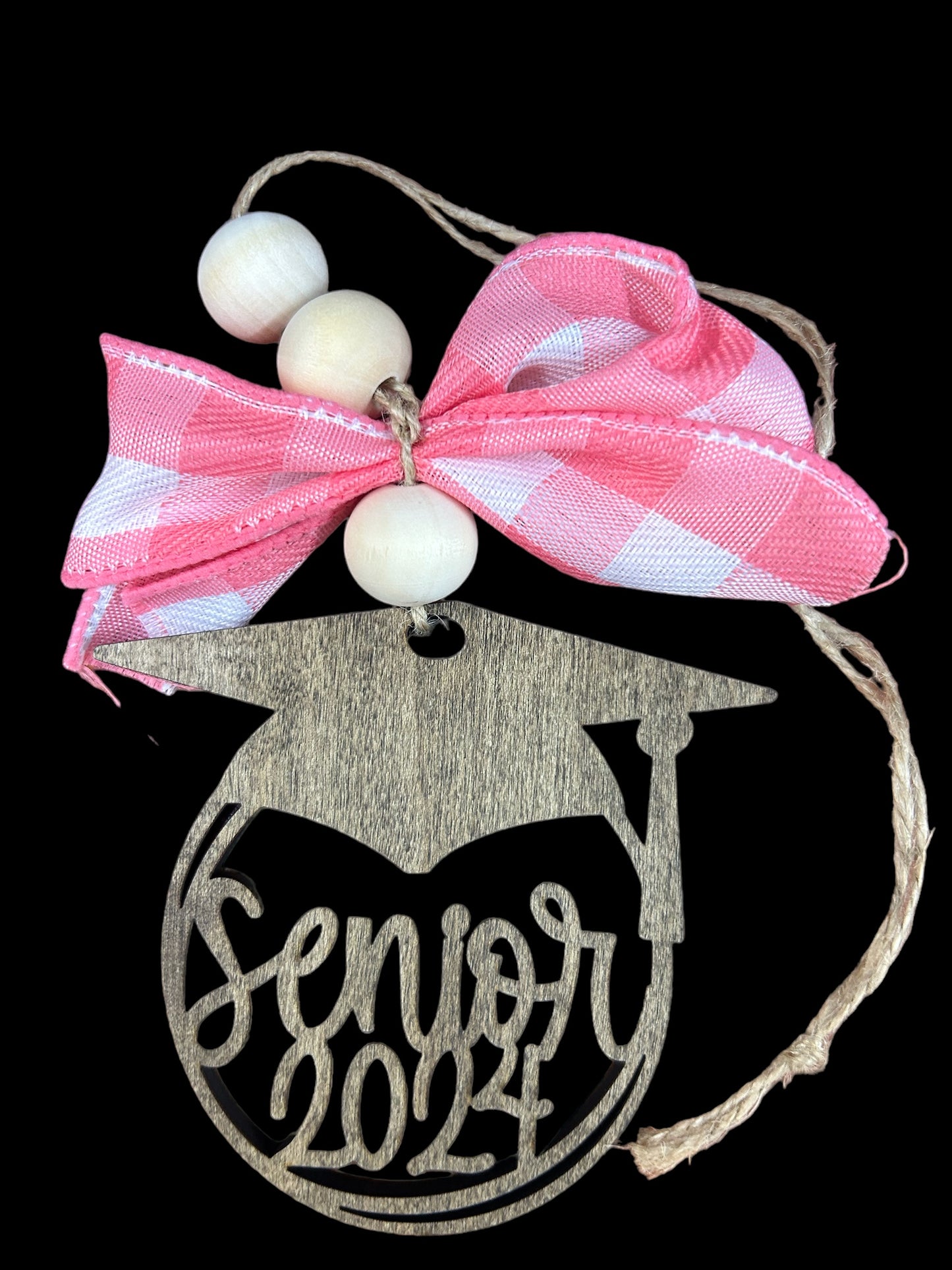 2024 Senior Graduation Cap Car Charm Ornament Pink/White Plaid Bow