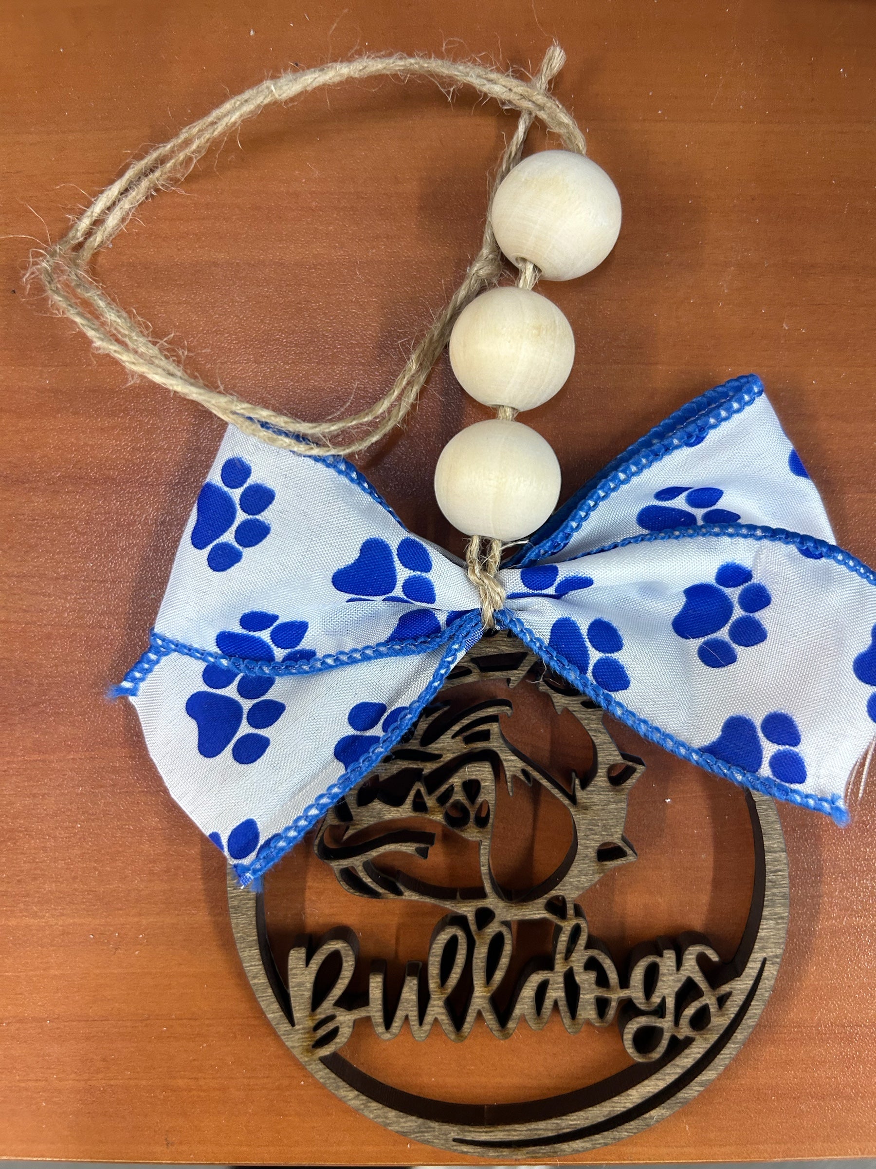 Bulldogs School Spirit Mascot Car Charm Ornament Paw Print Bow