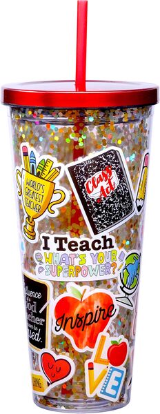 Teacher Sticker Glitter Cup with Straw