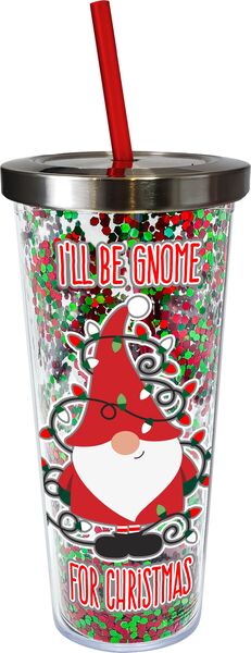 Christmas Gnome Glitter Cup with Straw