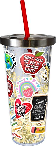 Teacher Sticker Art Glitter Cup with Straw