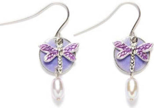 Silver Forest Purple Dragonfly On Purple Disc Earrings