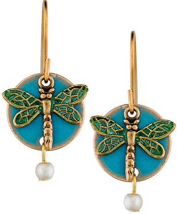 Silver Forest Dragonfly On Teal Disc Earrings
