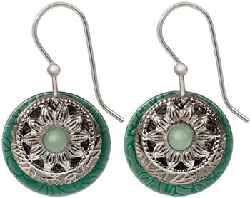 Silver Forest Green & Silver Round Layers w/Flower Earrings