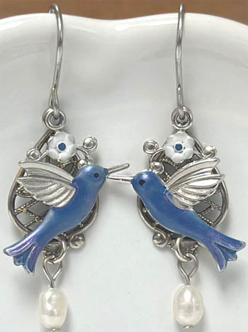 Silver Forest Blue Hummingbirds on Filigree Earrings