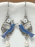 Silver Forest Blue Hummingbirds on Filigree Earrings