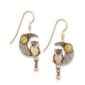 Silver Forest Owl on Crescent Moon Earrings