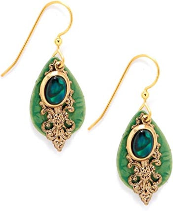 Silver Forest Green Teardrop with Filigree & Green Abalone Earrings