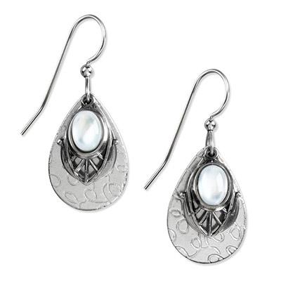 Silver Forest White Stone on Filigree Teardrop Earrings