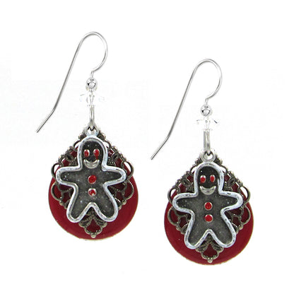 Silver Forest Red Tear and Gingerbread Cookie Earrings