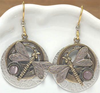 Silver Forest Dragonfly Round Circle Earrings