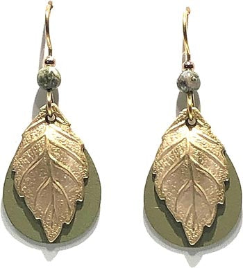 Silver Forest Green Teardrop & Gold Leaf Earrings