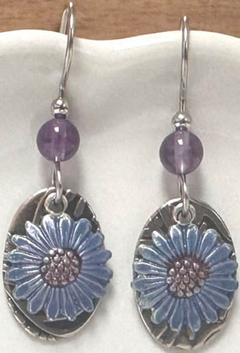 Silver Forest Blue Cornflower on Oval Earrings