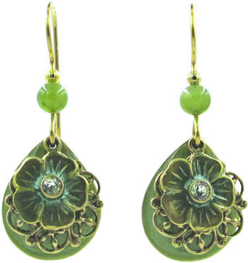 Silver Forest Green Flower & Teardrop with Filigree Earrings
