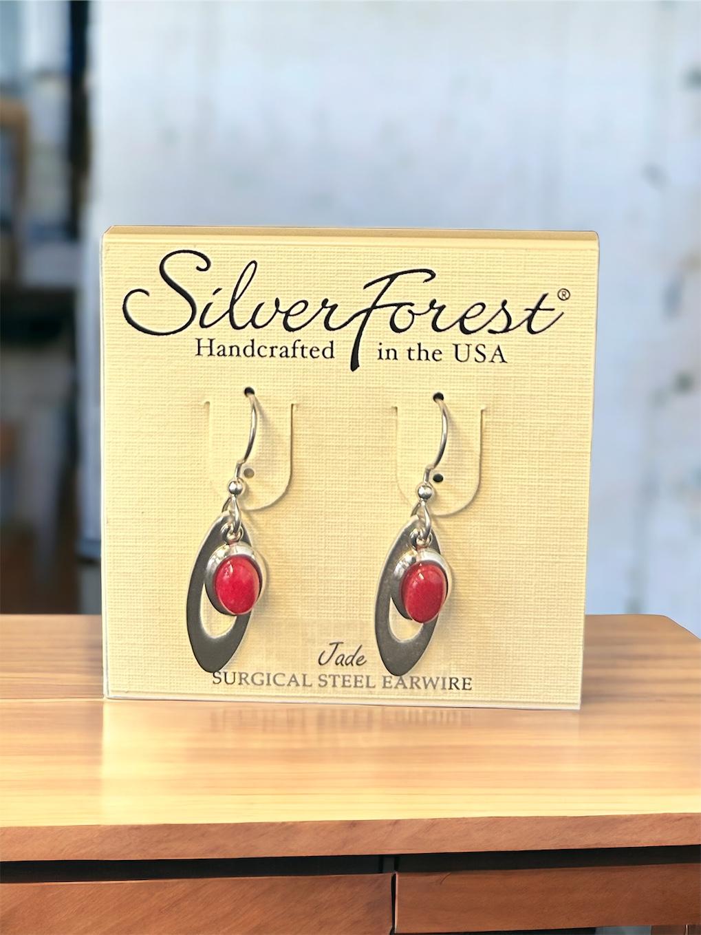 Silver Forest Open Oval and Red Stone Earrings