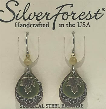 Silver Forest Earrings Dainty Leaf On Green & Silver Layers