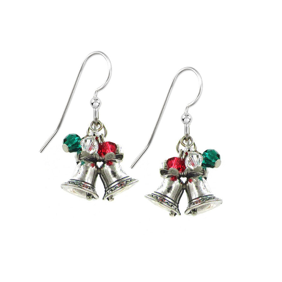 Silver Forest Holiday Bells and Crystal Earrings