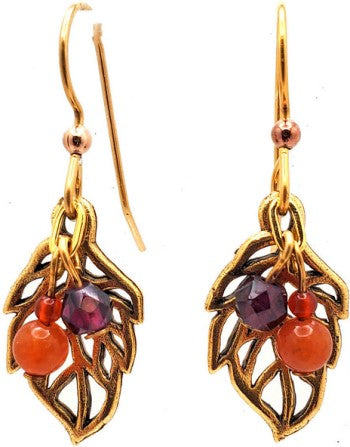 Silver Forest Earrings Open Leaf/Fall Colors Bead Drop