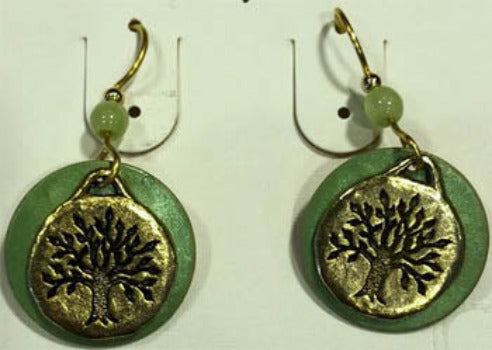 Silver Forest Tree Of Life On Green Disc Earrings