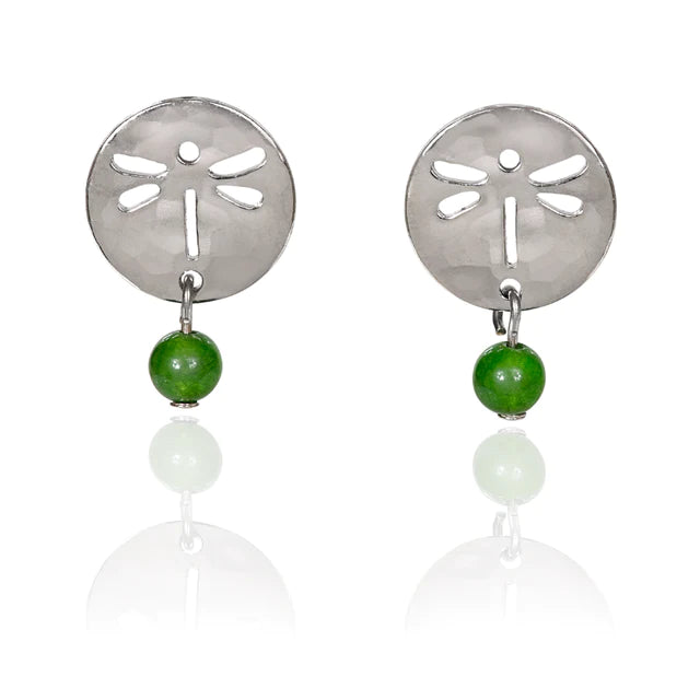 Silver Forest Dragonfly and Green Bead Earrings