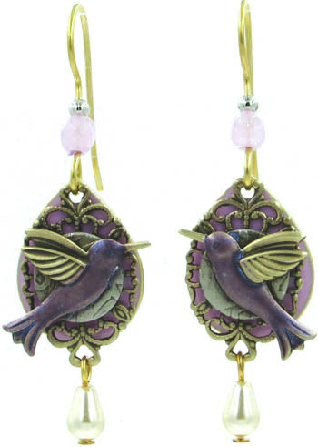 Silver Forest Purple Hummingbird on Teardrop Earrings