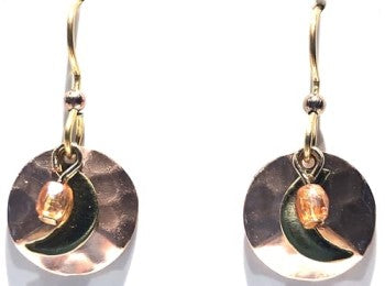 Silver Forest Crescent Moon on Hammered Copper Colored Round Earrings