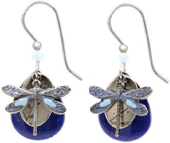 Silver Forest Dragonfly on Blue & Silver Layered Tears Earrings