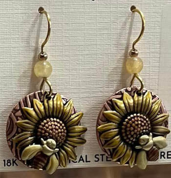 Silver Forest Bee on Sunflower Earrings