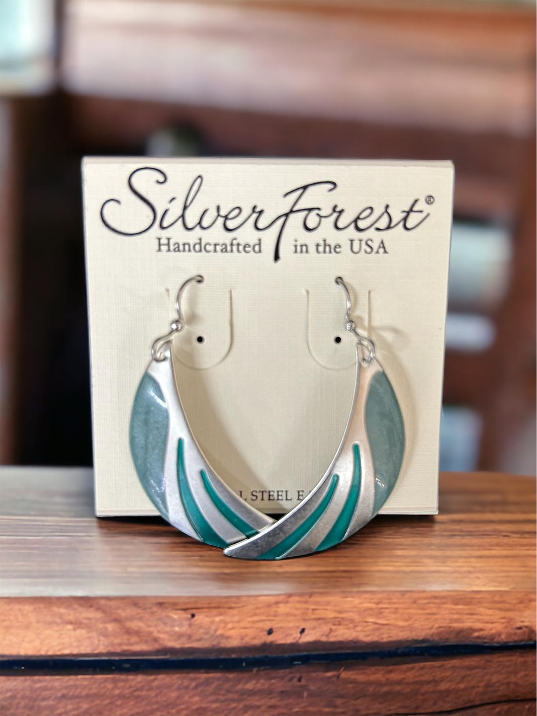 Silver Forest Teal & Silver Contemporary Shape Earrings