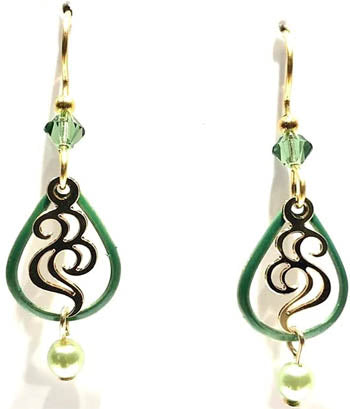 Silver Forest Green Open Teardrop w/Swirl Earrings