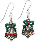 Silver Forest Green and Red Metal Ornament Earrings