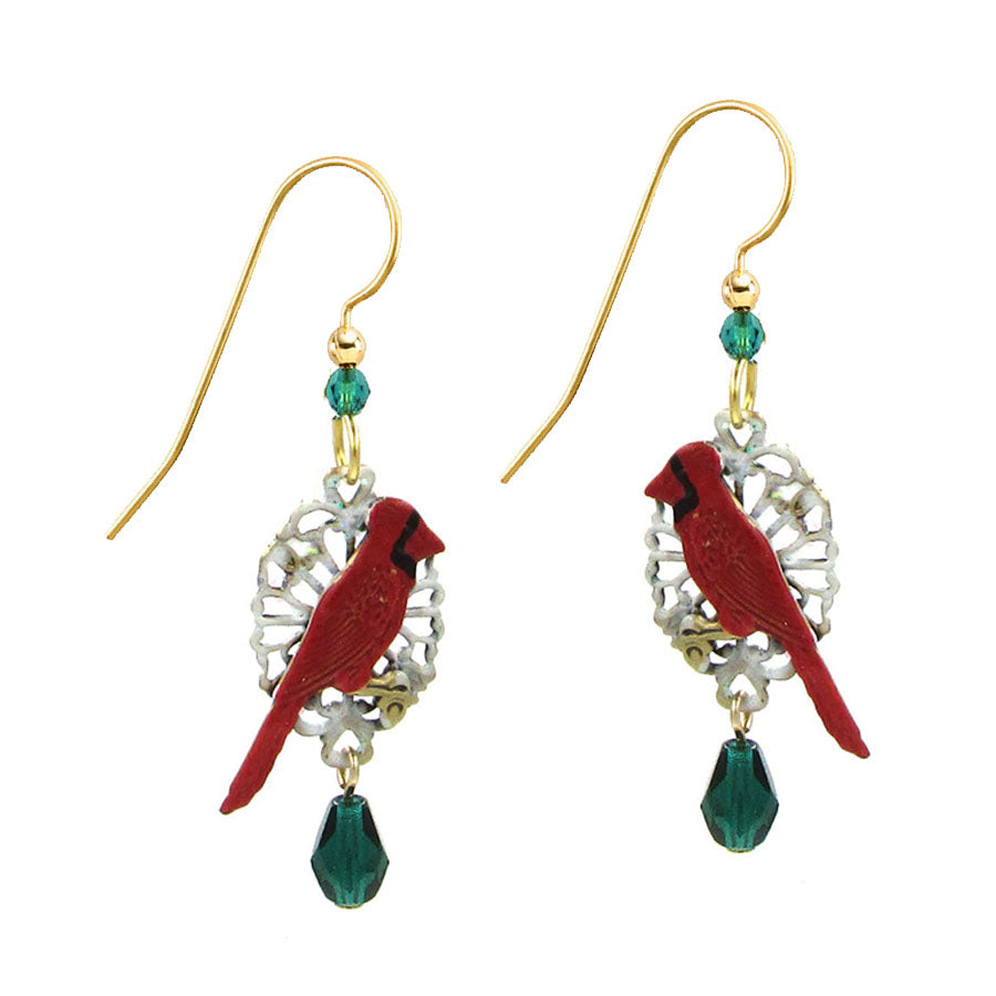 Silver Forest Cardinal on Oval with Green Earrings