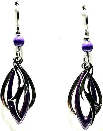 Silver Forest Open Shapes, Flame & Purple Bead Earrings