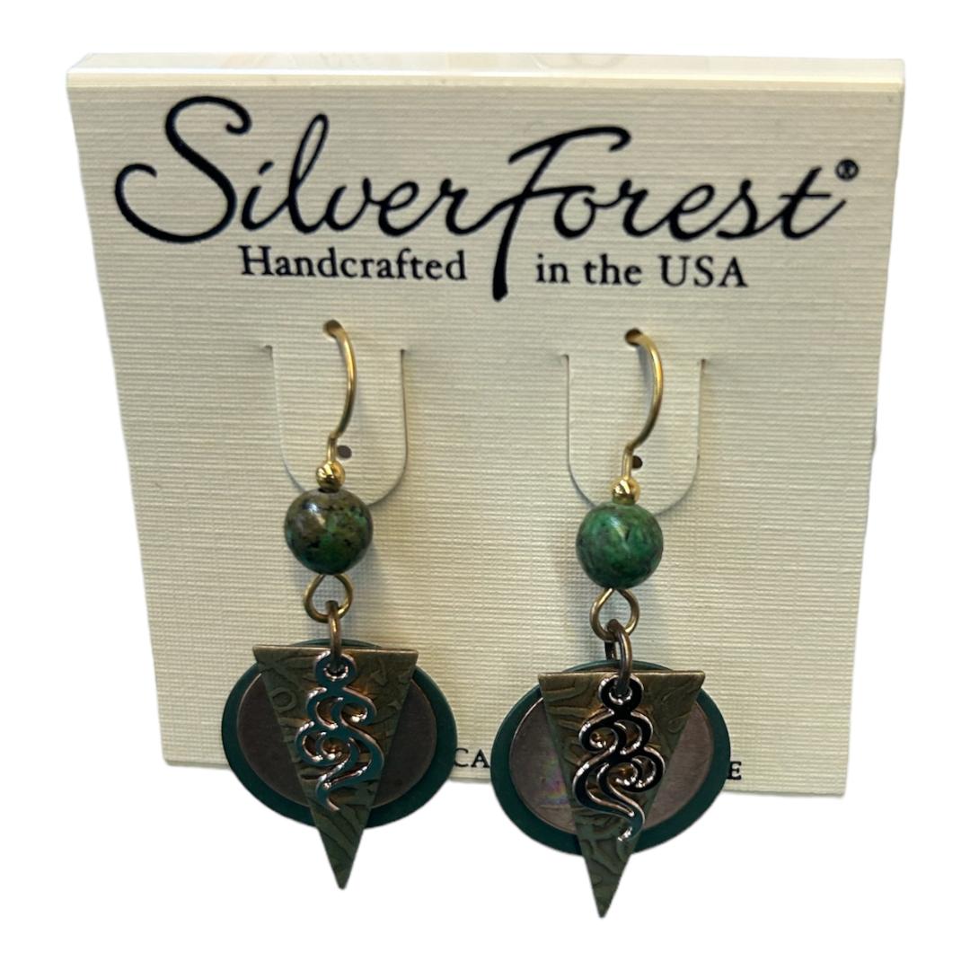 Silver Forest Layered Shapes and Swirls with Green Bead Earrings