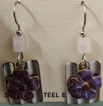 Silver Forest Purple Flower Wavy Rectangle Earrings
